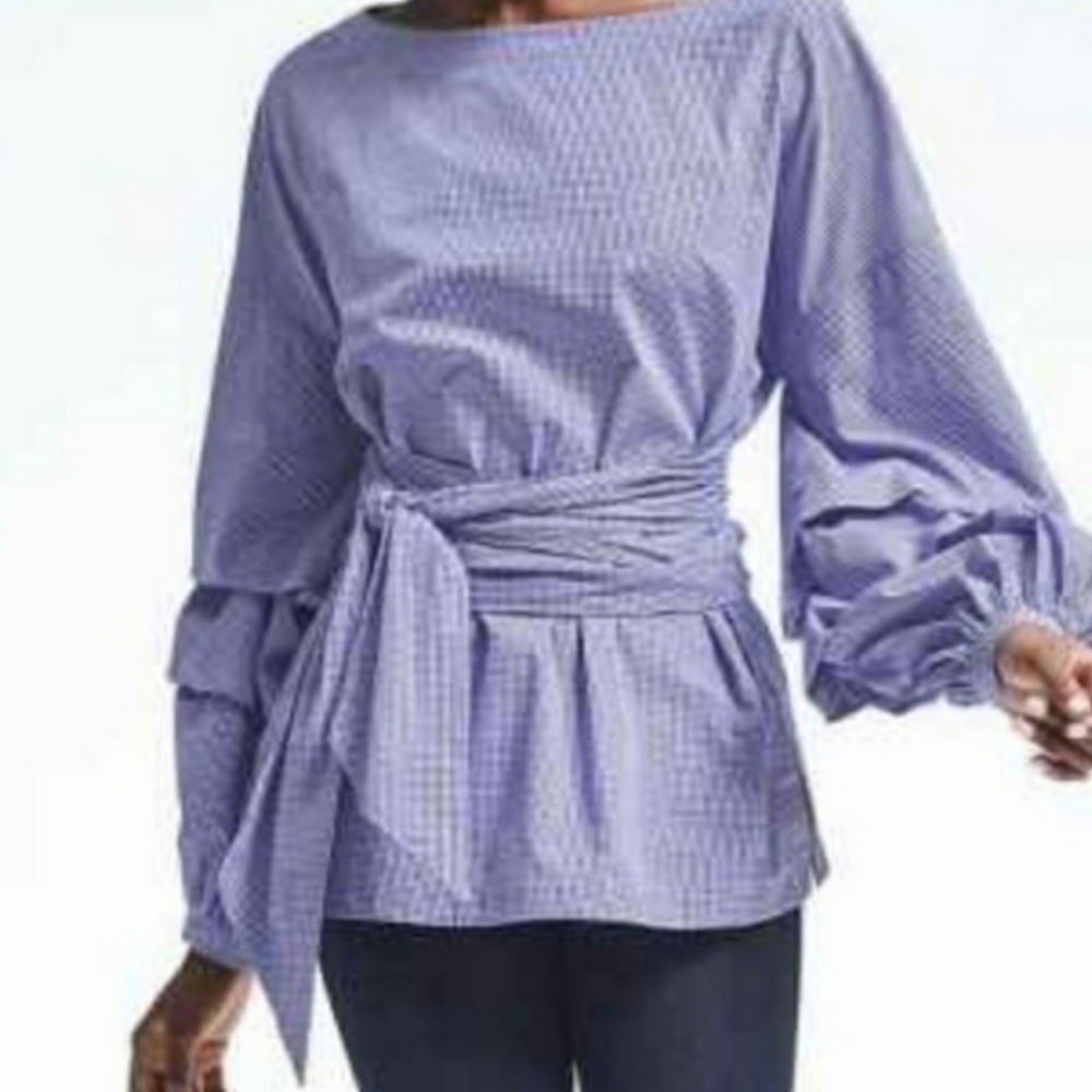 MAX JEANS Tiered Puffy Sleeve Tie Waist Top XS.